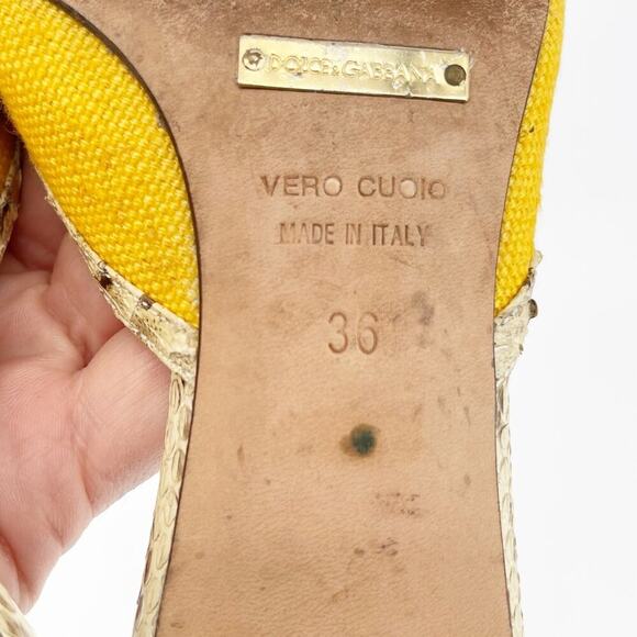 Dolce & Gabbana Retro Snakeskin Yellow Canvas Peep Toe Kitten Heel Mule IT 36 - Picture 11 of 11